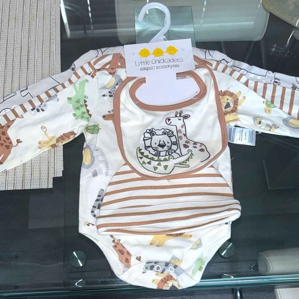 Animal Print Baby Onesie and Bib Set - Brown and White 3 pieces